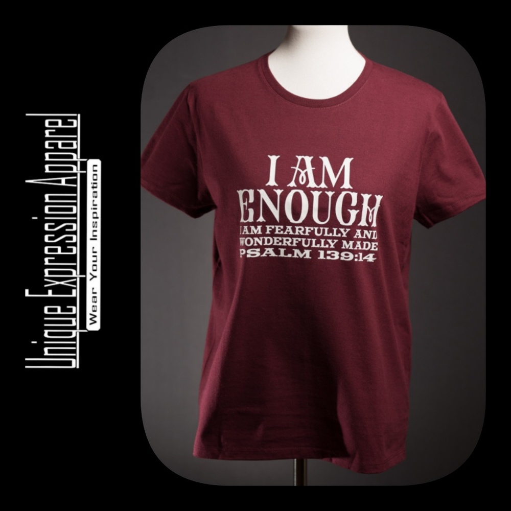 "I Am Enough" casual burgundy graphic tee